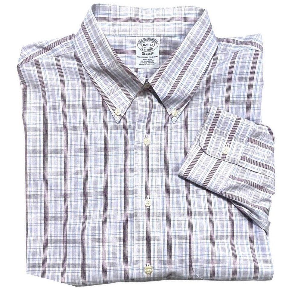 Brooks Brothers Classic Pink Lavender Plaid Shirt Men's 16.5 32 Supima Cottonโ